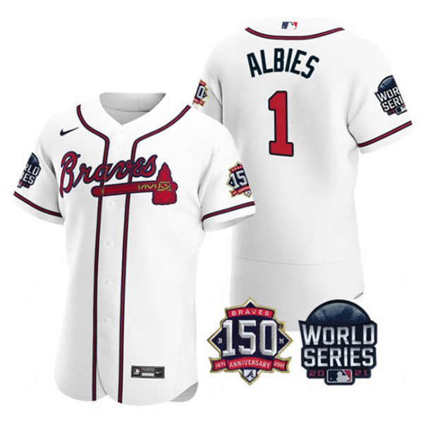 Men's Atlanta Braves #1 Ozzie Albies 2021 White World Series With 150th Anniversary Patch Stitched Baseball Jersey